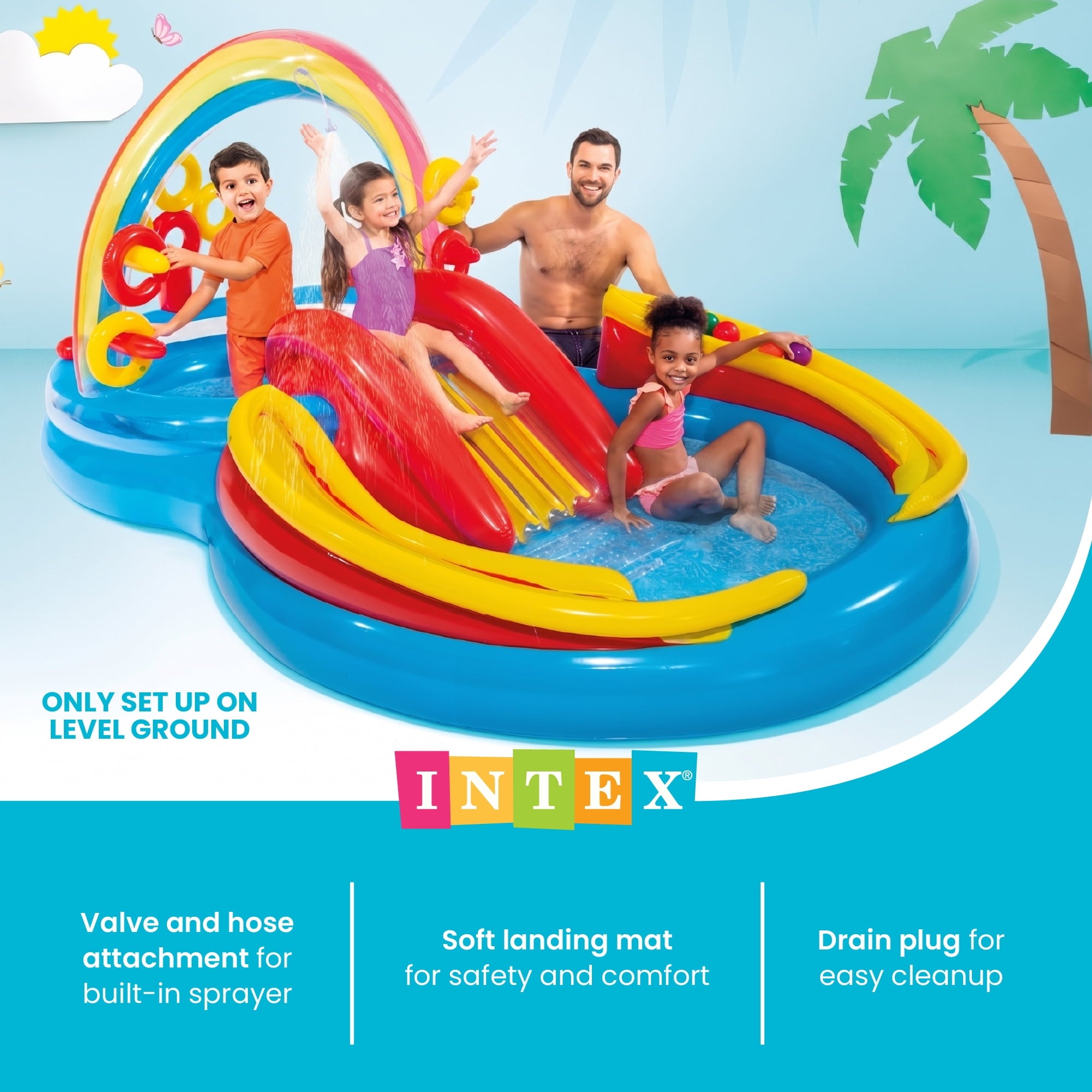 Intex 9.75 x 6.3 Ft Rainbow Slide Inflatable Pool Water Slide Ring Center