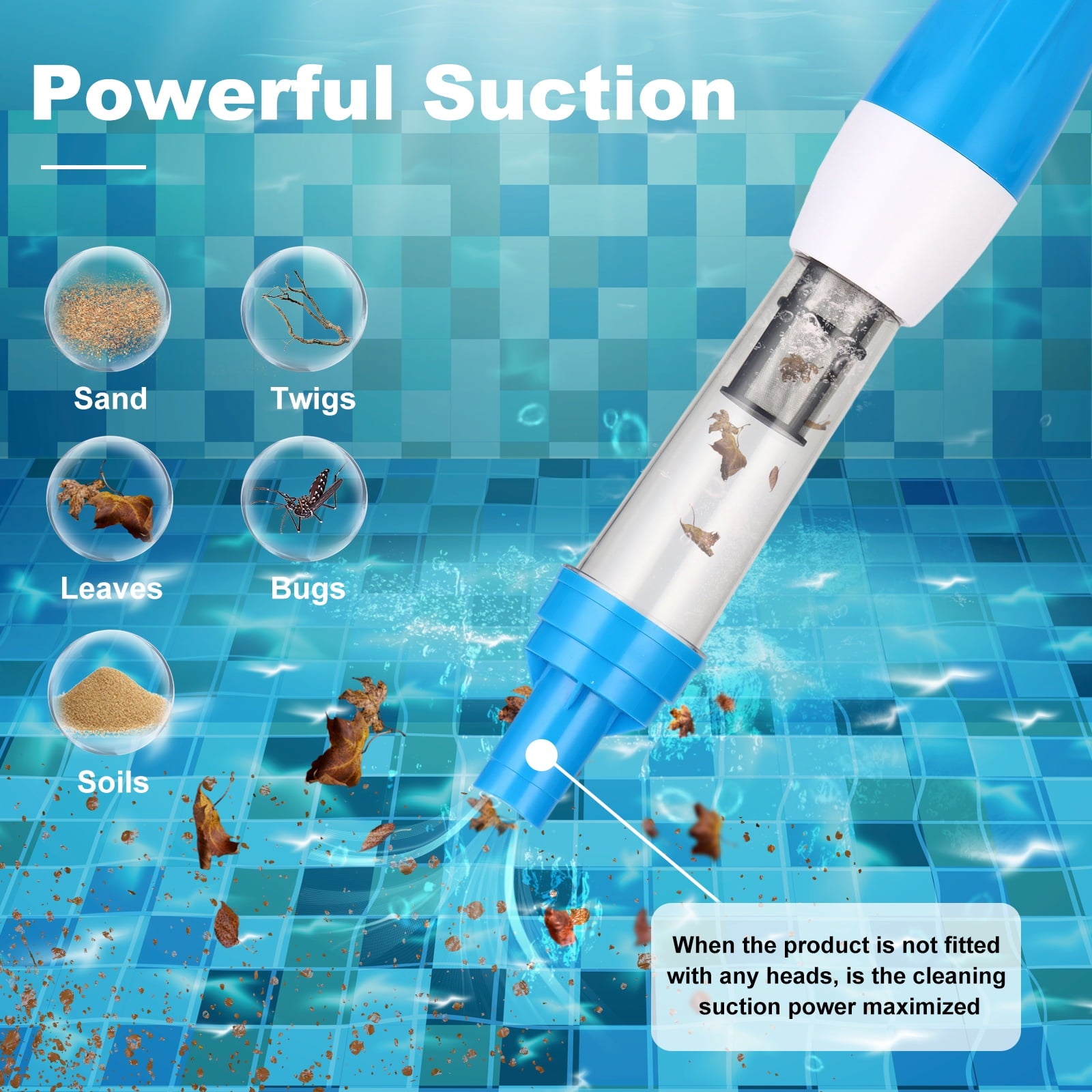 YSMJ Cordless Handheld Pool Vacuum, 90 Min Runtime Rechargeable Cleaner with Pole & Safety Detector for Small Above Ground Pools, Hot Tubs and Spas (Blue& White)