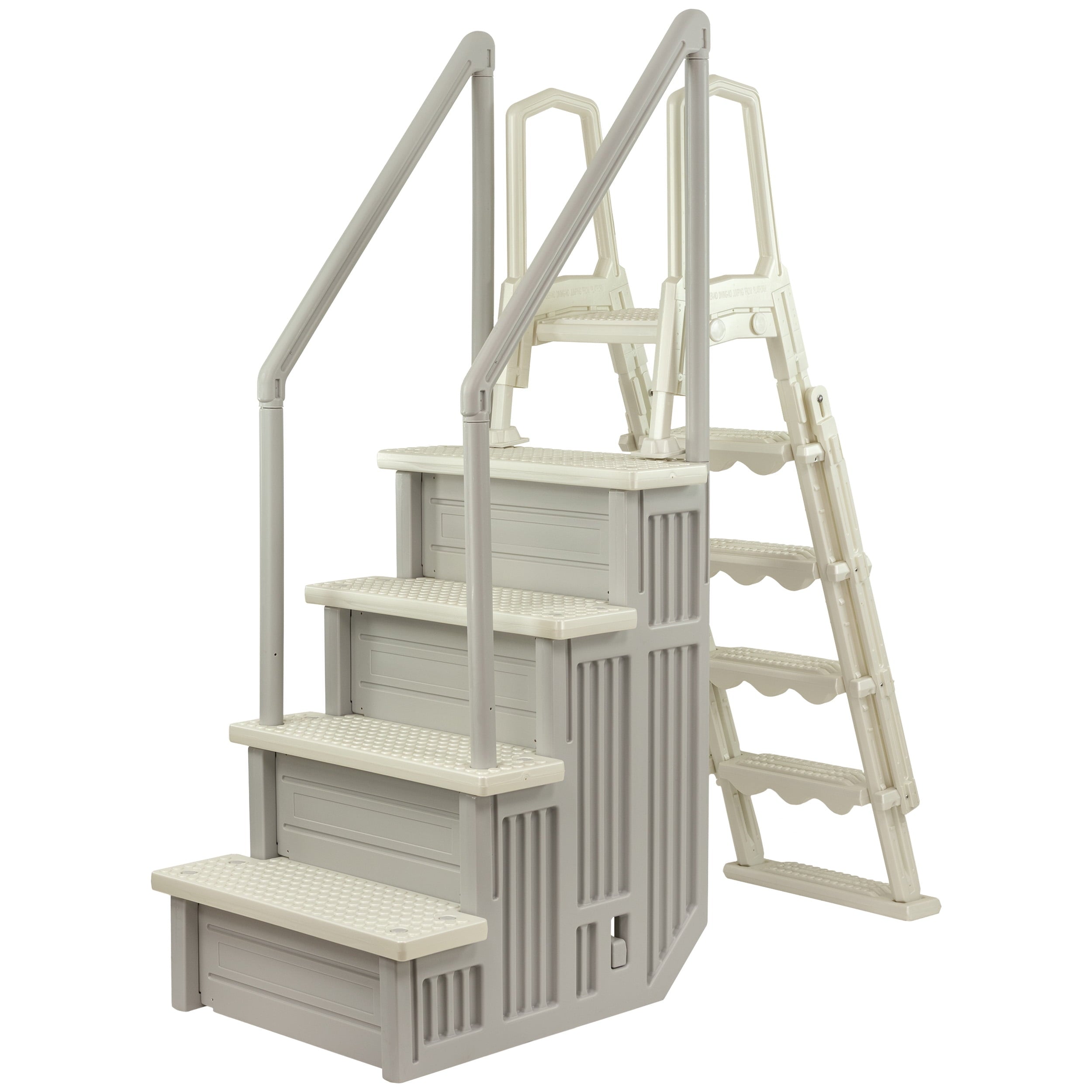 Aqua Select White Anti-Slip Pool Steps with White Steps and White Outside Flip-up Safety Ladder, 48-54H