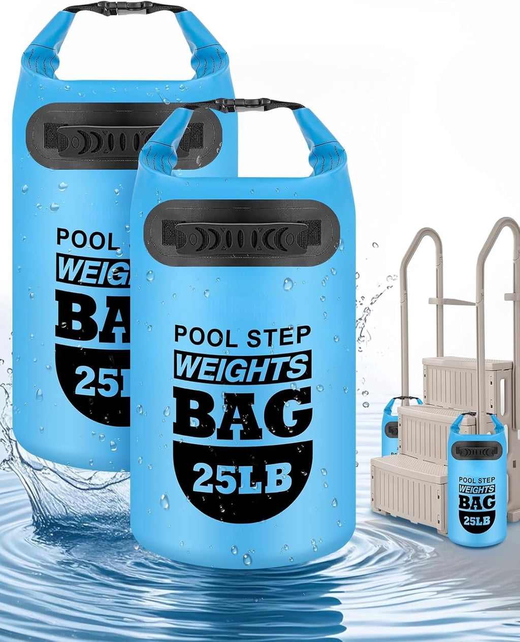 MM 2 pack 25lb Heavy Duty Pool Ladder Weights,Sand Fillable Universal Sand Bags Step Anchors,500D PVC Durable Waterproof&Foldable Sandbags for Above Ground Swimming Pools Stair,with Handle(Sky Blue)