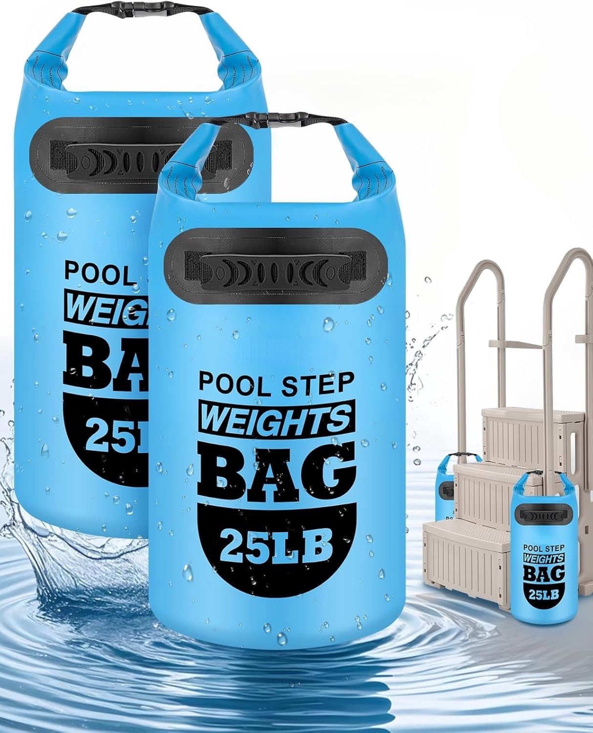 MM 2 pack 25lb Heavy Duty Pool Ladder Weights,Sand Fillable Universal Sand Bags Step Anchors,500D PVC Durable Waterproof&Foldable Sandbags for Above Ground Swimming Pools Stair,with Handle(Sky Blue)