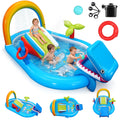 Qhomic 6-in-1 Inflatable Play Center with Pool, Indoor/Outdoor Water Park Pool with Water Slide, Shark-Shaped Ball Toss, Water Sprinklers, Ring Toss Game, and Powerful Pump, Dry & Wet Use