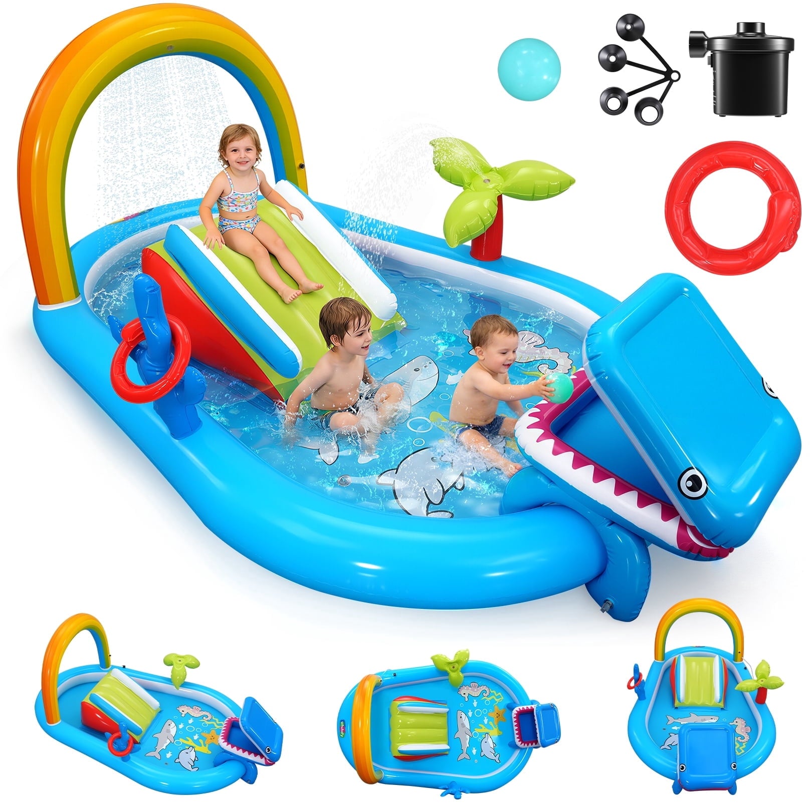 Qhomic 6-in-1 Inflatable Play Center with Pool, Indoor/Outdoor Water Park Pool with Water Slide, Shark-Shaped Ball Toss, Water Sprinklers, Ring Toss Game, and Powerful Pump, Dry & Wet Use