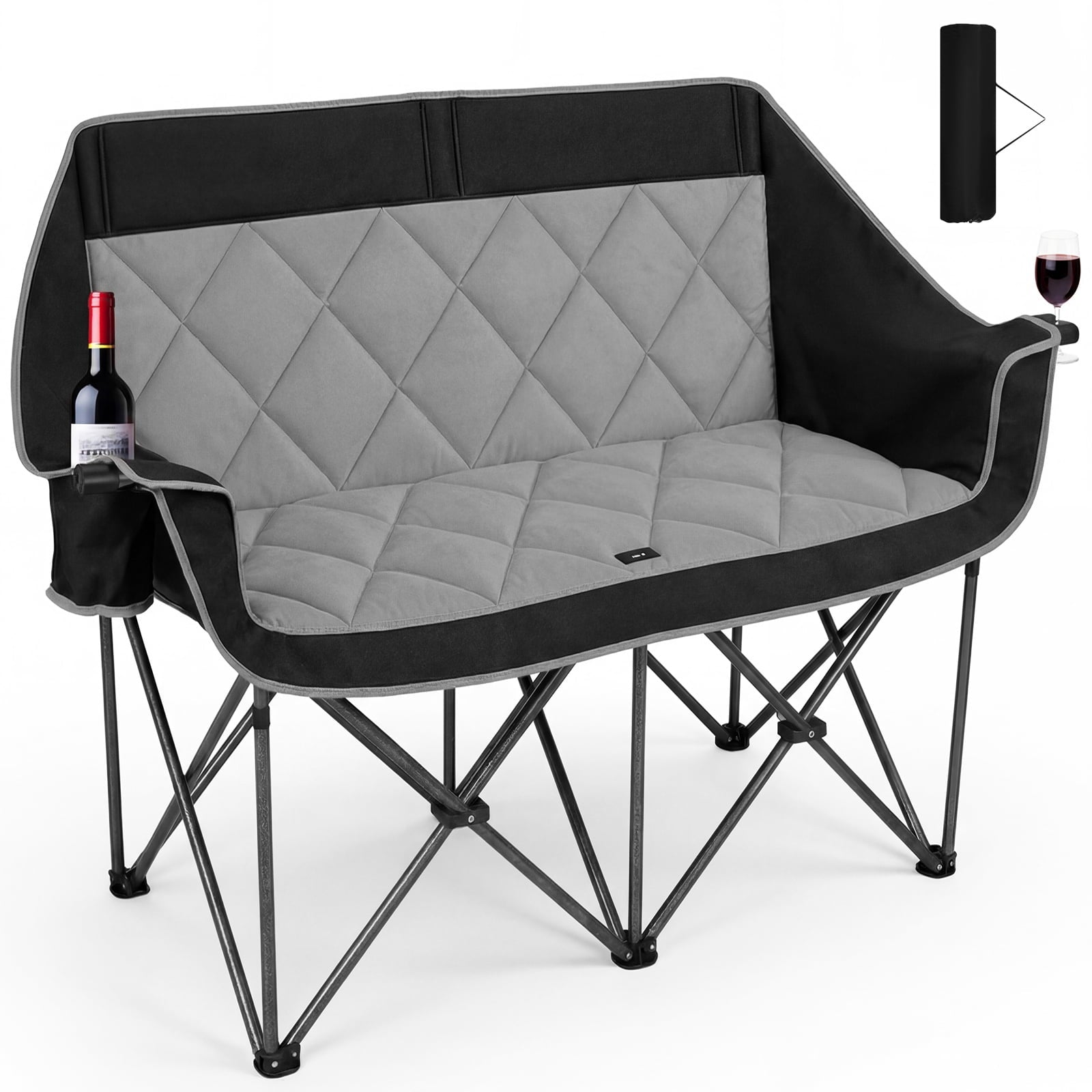 SUNSPIRE Oversized Camping Chair 2 Person Loveseat Heavy Duty Folding Outdoor Couch 750 lbs Padded Double Duo Sofa with Cup Holders Black