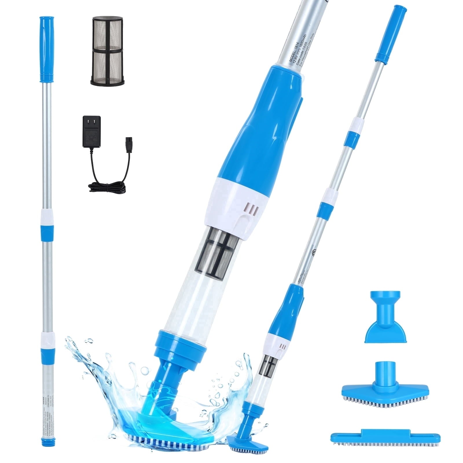 YSMJ Cordless Handheld Pool Vacuum, 90 Min Runtime Rechargeable Cleaner with Pole & Safety Detector for Small Above Ground Pools, Hot Tubs and Spas (Blue& White)