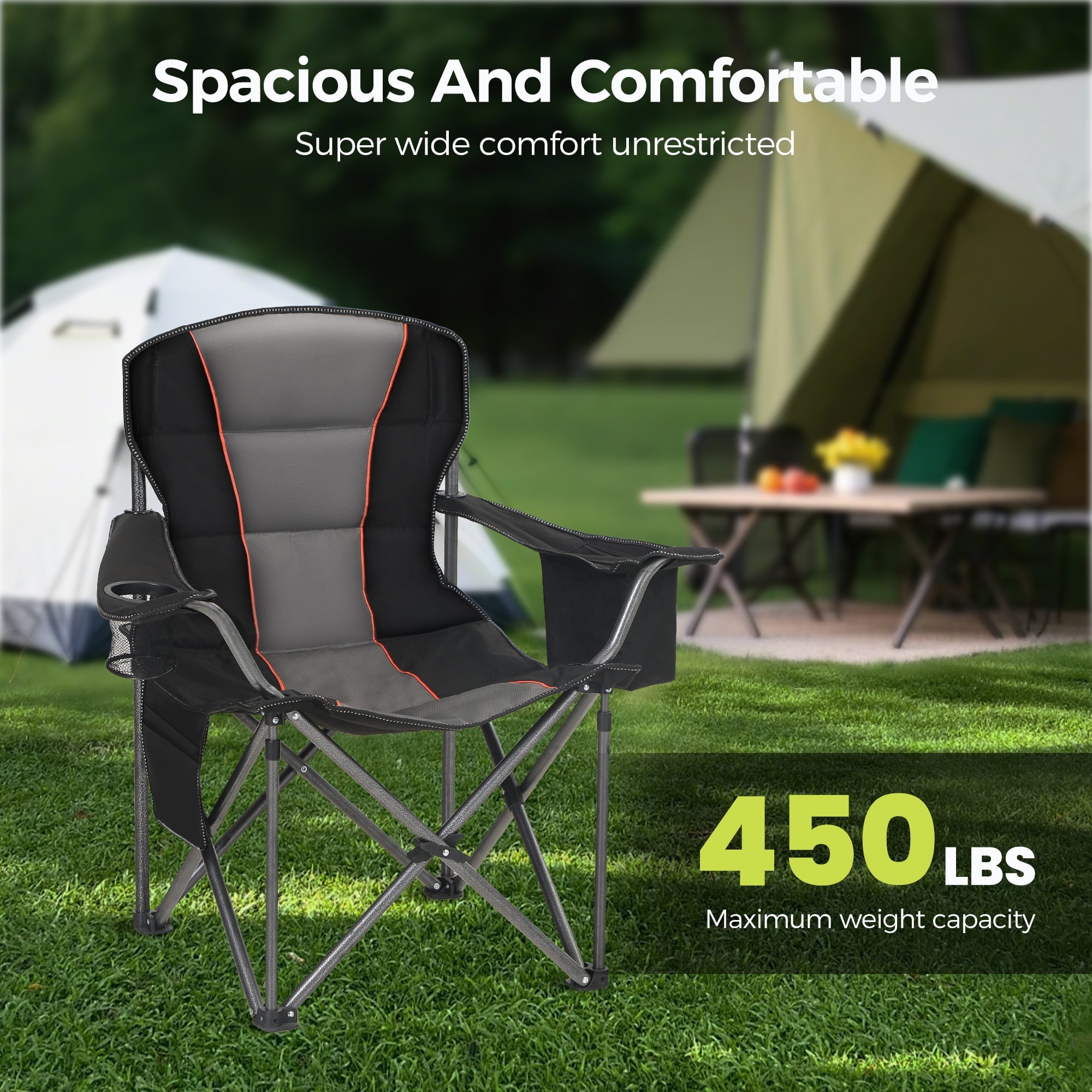 Sophia & William 2 Pack Oversized Camping Chair Heavy-Duty Steel Frame Supports 450Lbs, Foldable Outdoor Lawn Chair with Cup Holder for Backyard & Camping, Black