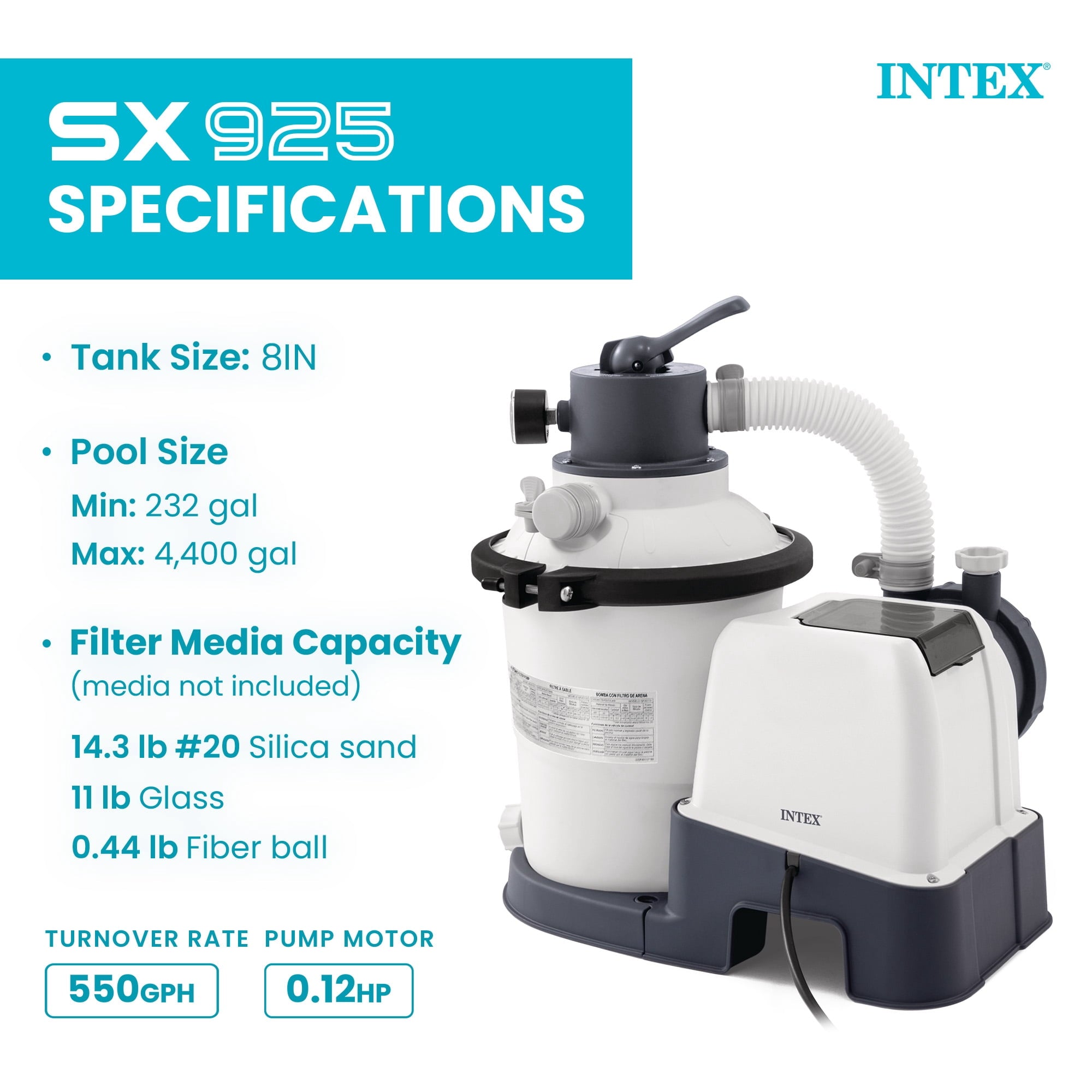 Intex10 inch Krystal Clear Sand Filter Pool Pump, 1500 Gph Motor 1200 GPH System Flow Rate with GFCI, 110-120 V