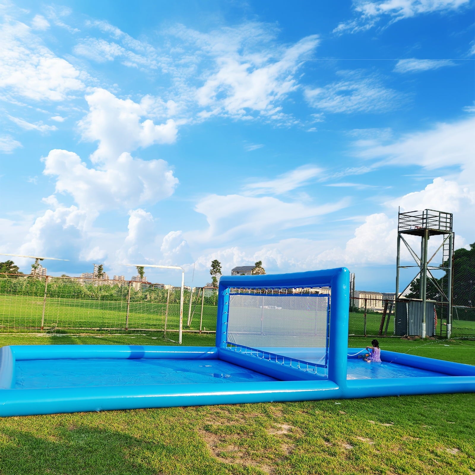 Relunch 33FT Inflatable Volleyball Court, 2 in 1 Volleyball Pool Football Court Water Soccer Field with 800W Blower for Beach Backyard Outdoor Summer Party ,33ft(L) x 16.5ft(W) x 7ft(H)
