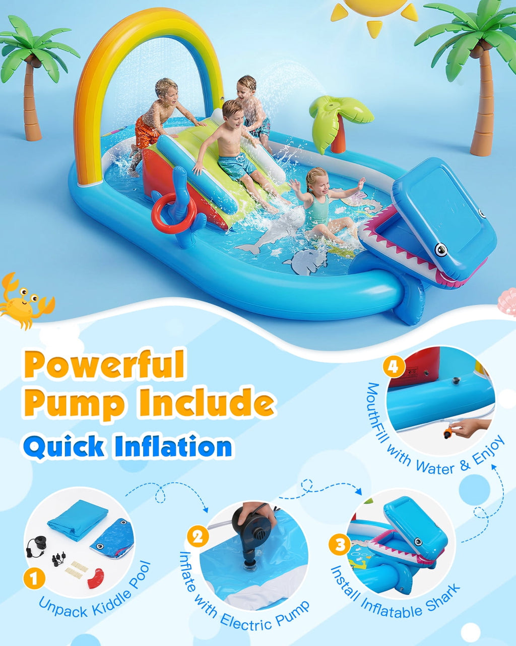 Qhomic 6-in-1 Inflatable Play Center with Pool, Indoor/Outdoor Water Park Pool with Water Slide, Shark-Shaped Ball Toss, Water Sprinklers, Ring Toss Game, and Powerful Pump, Dry & Wet Use