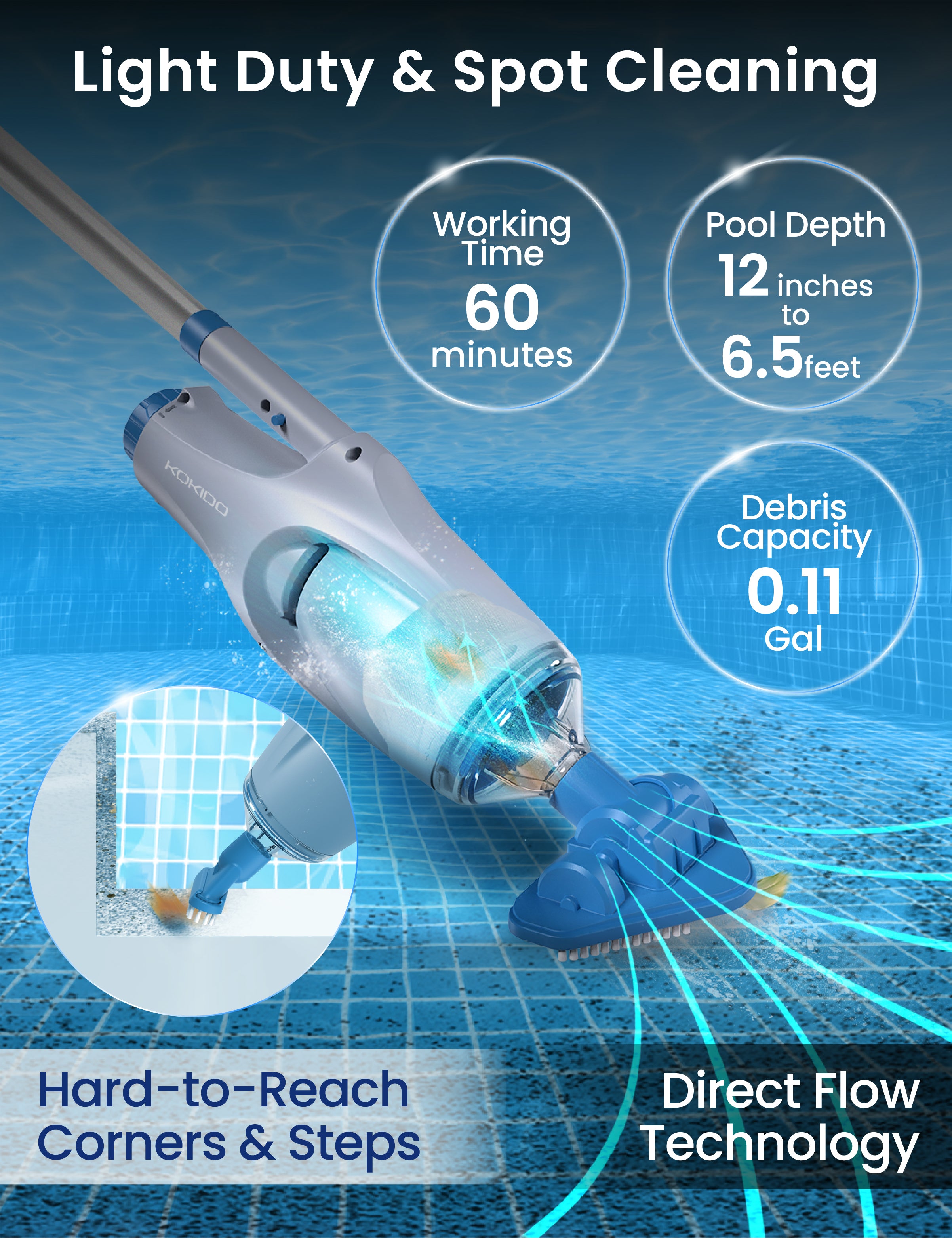 Kokido Rechargeable Handheld Pool Vacuum XTROVAC 110 Cordless with Adjustable Pole and 2 Brush Vac Heads for Above-Ground Pools,  Spot Clean Inground Pools