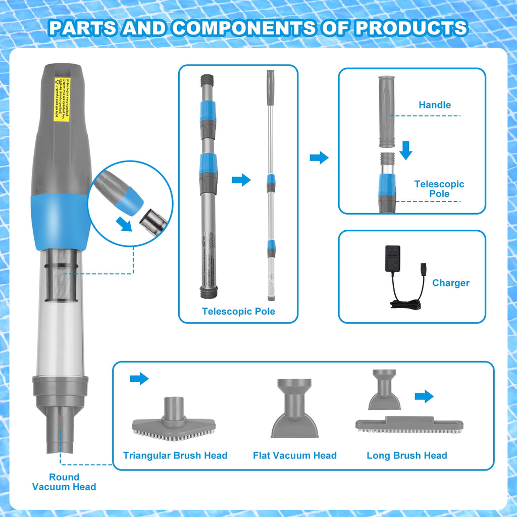 YSMJ Cordless Handheld Pool Vacuum, 90 Min Runtime Rechargeable Cleaner with Pole & Safety Detector for Small  Above Ground Pools, Hot Tubs and Spas (Gray& Blue)