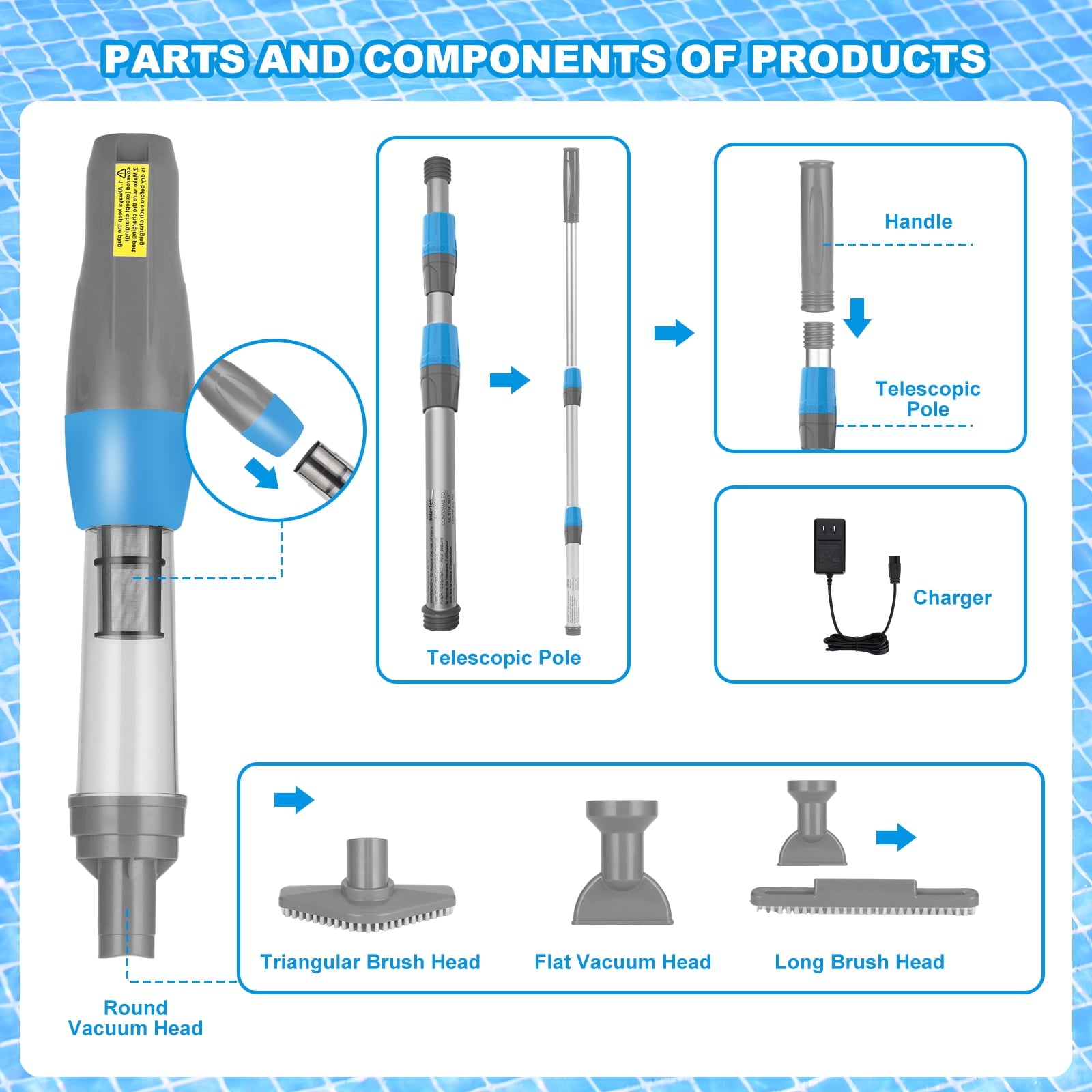 YSMJ Cordless Handheld Pool Vacuum, 90 Min Runtime Rechargeable Cleaner with Pole & Safety Detector for Small  Above Ground Pools, Hot Tubs and Spas (Gray& Blue)