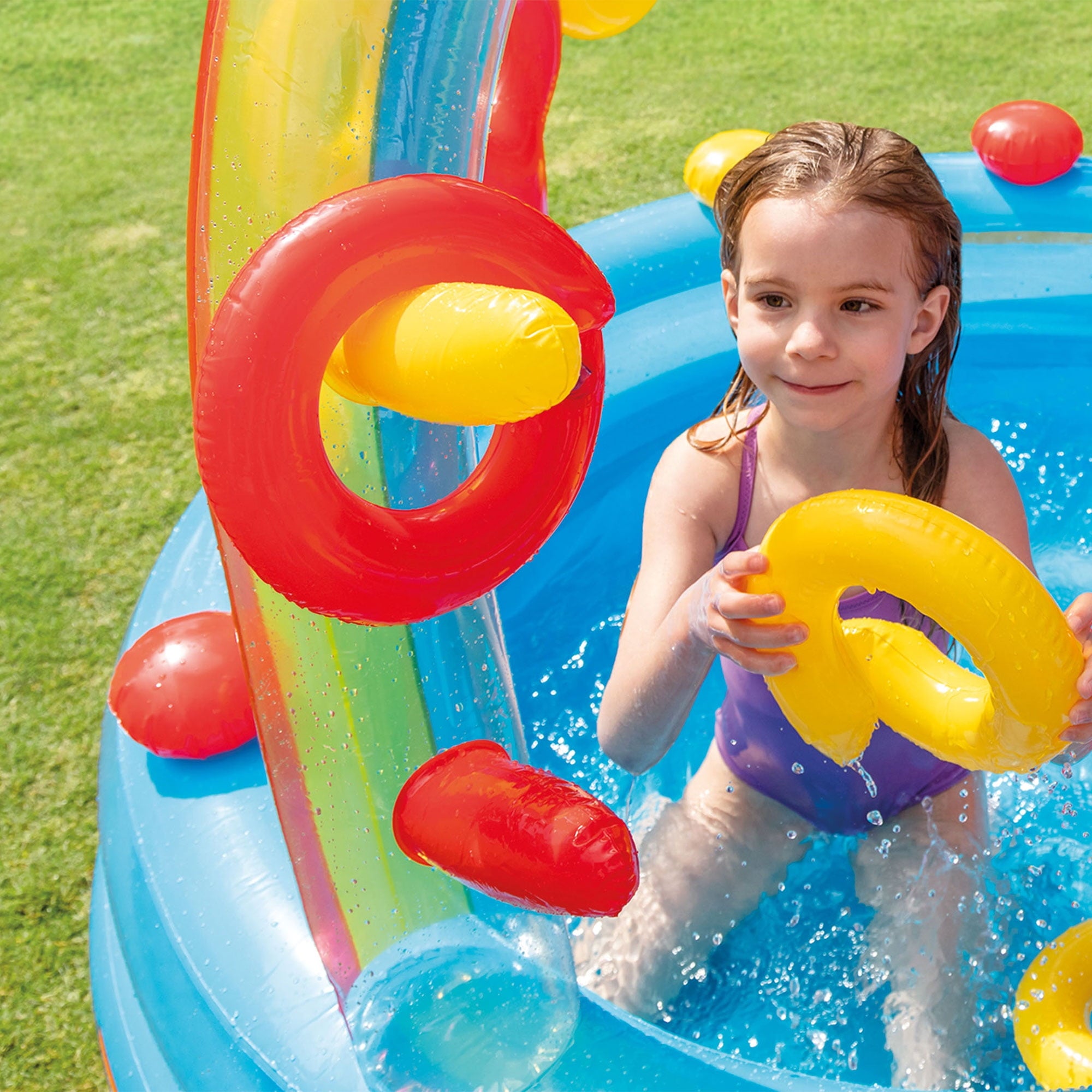 Intex 9.75 x 6.3 Ft Rainbow Slide Inflatable Pool Water Slide Ring Center