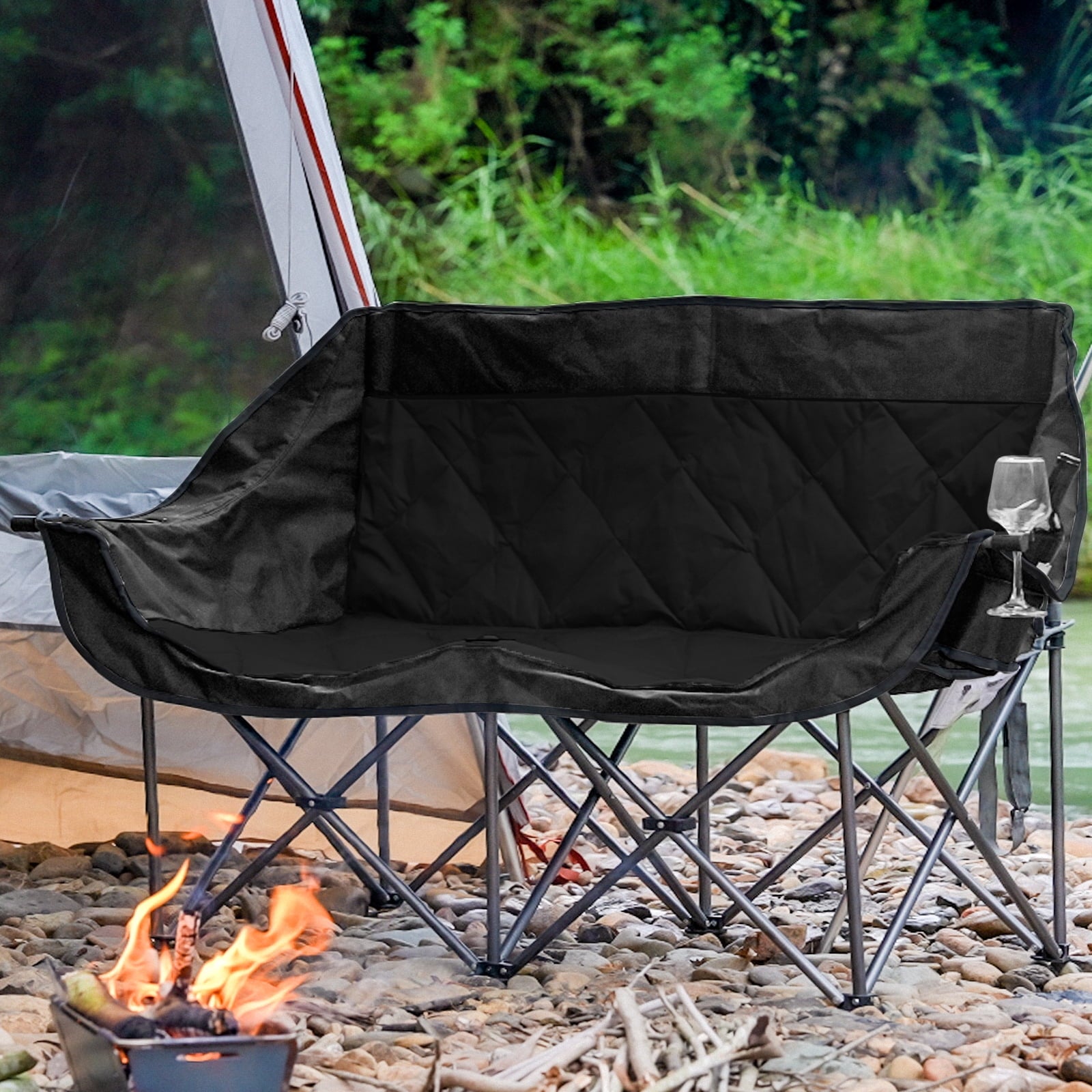 SUNSPIRE Oversized Camping Chair 2 Person Loveseat Heavy Duty Folding Outdoor Couch 750 lbs Padded Double Duo Sofa with Cup Holders Black