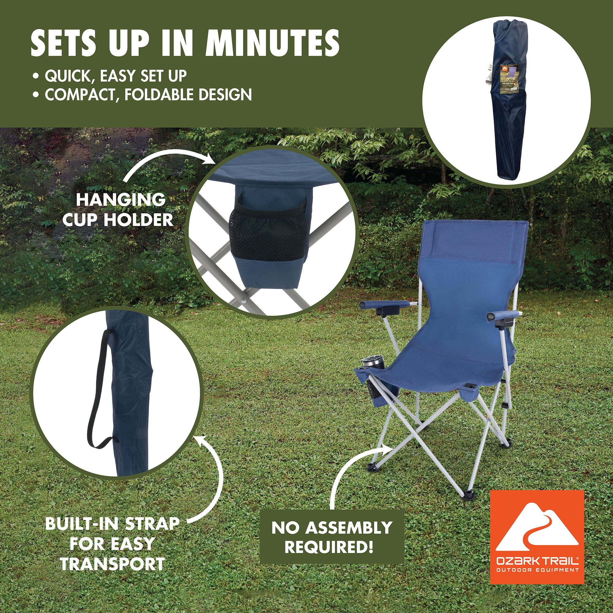 Ozark Trail Hard Arm Camping Chair with Durable Polyester Seat and Steel Frame, Portable with Cup Holder