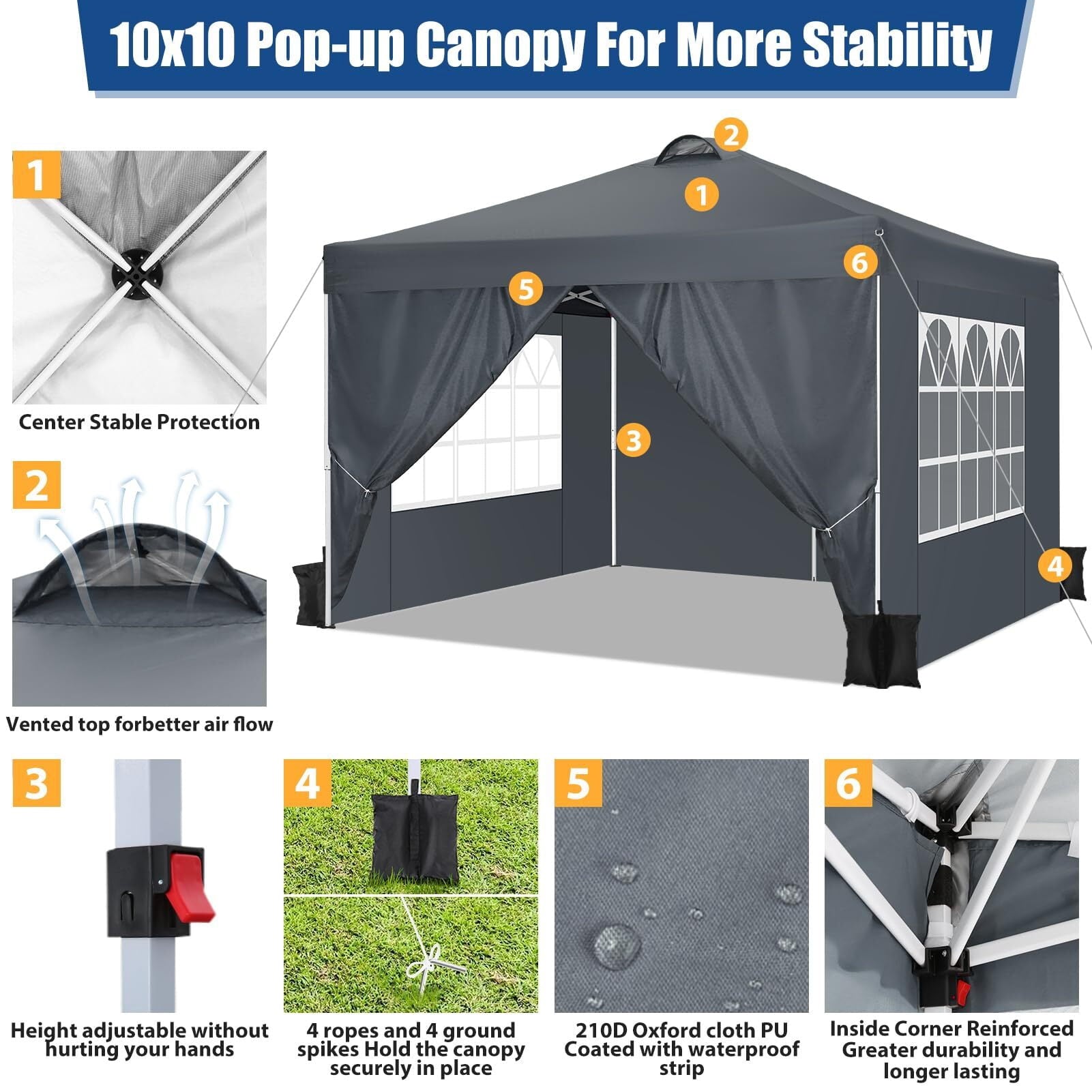 HOTEEL 10x10ft Popup Canopy Waterproof Canopy with 4 Sidewalls Outdoor Commercial Instant Shelter Beach Camping Canopy Tent for Party, Black