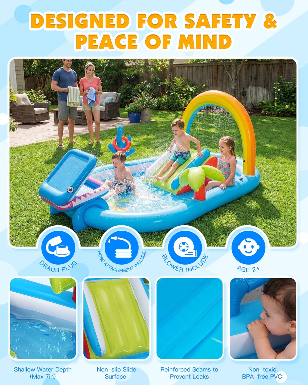 Qhomic 6-in-1 Inflatable Play Center with Pool, Indoor/Outdoor Water Park Pool with Water Slide, Shark-Shaped Ball Toss, Water Sprinklers, Ring Toss Game, and Powerful Pump, Dry & Wet Use