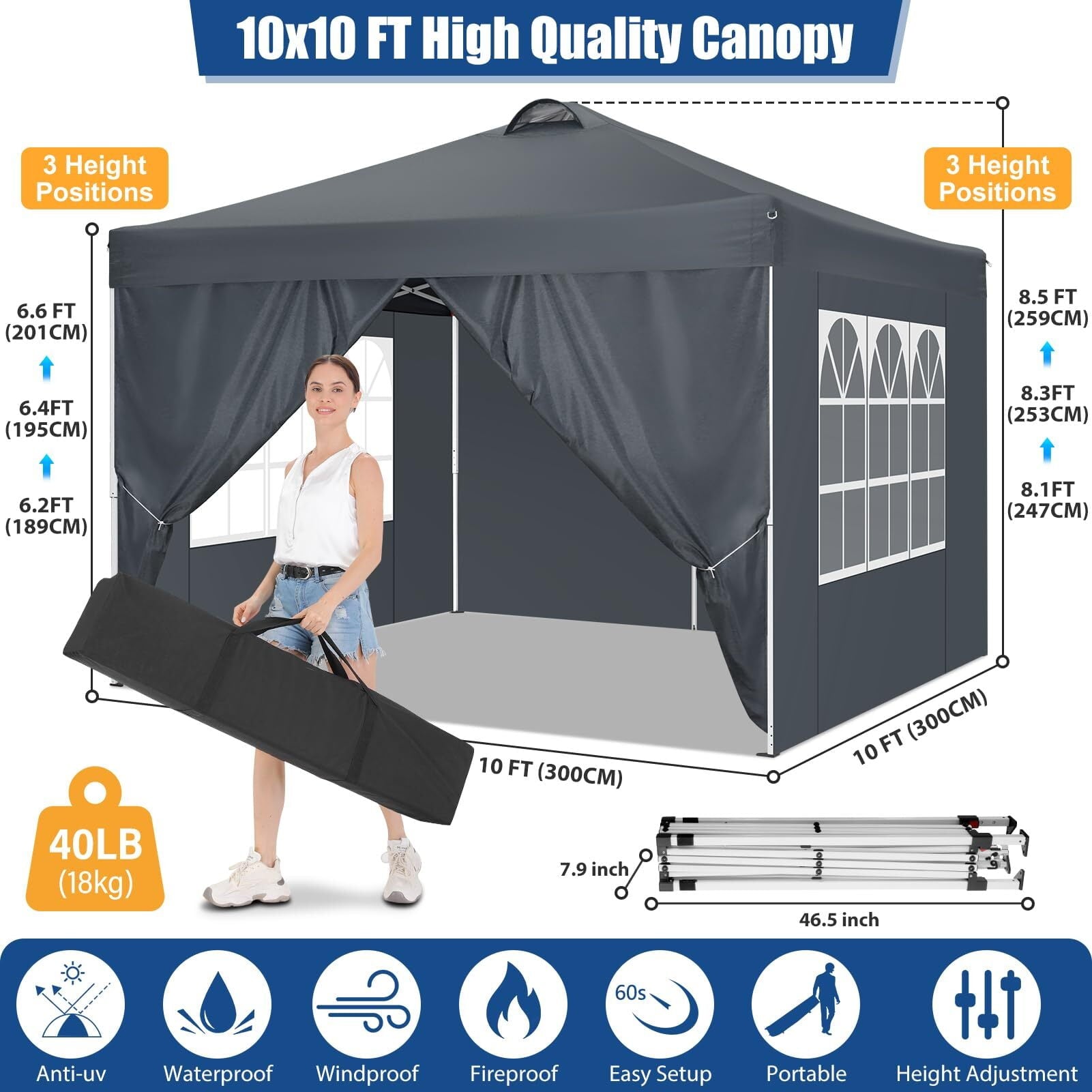 HOTEEL 10x10ft Popup Canopy Waterproof Canopy with 4 Sidewalls Outdoor Commercial Instant Shelter Beach Camping Canopy Tent for Party, Black