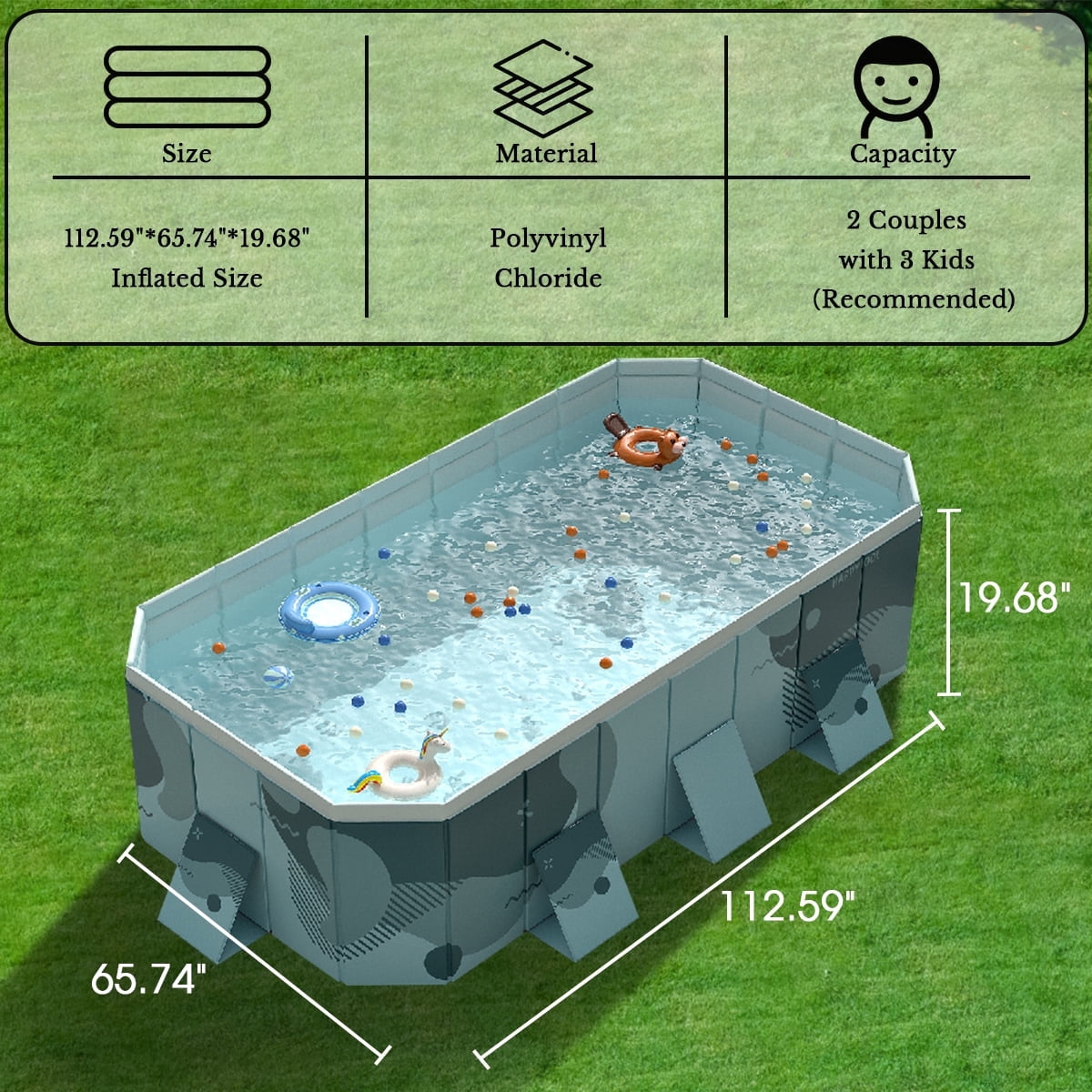 LUOLUO Foldable Swimming Pool, Large Non-inflatable Adults Kids Outdoor Pools, with Fix Patches & Stable Triangular Braces, Green, (101 x 66 x 20)