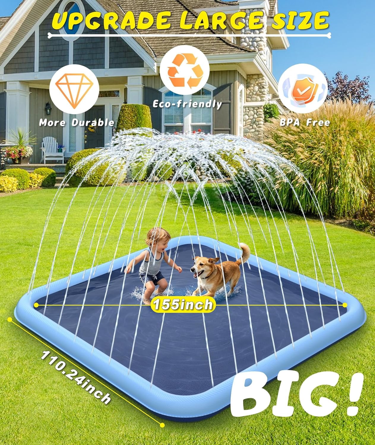 Splash Pad, 155- 110.24 Size Extra Large Sprinkler Play Mat for Dogs & Kids, Thicker Wading Pool Summer Outdoor Water Toys, Fun Backyard Fountain Play Pad for 3 Age+ Girls Boys Children & Pets