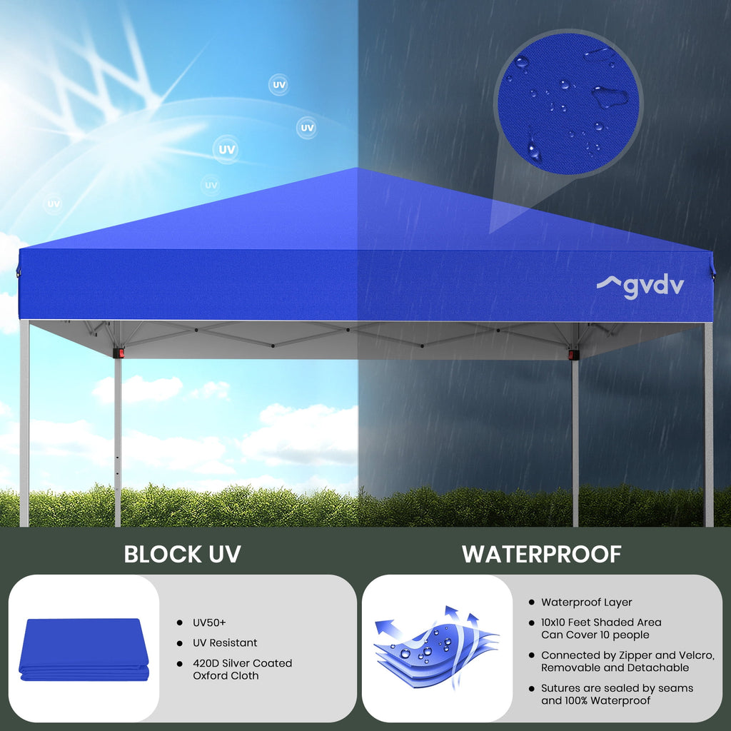 GVDV Canopy Tent, 10x10 ft Easy Pop up Outdoor Canopy Tent, Portable Straight Leg Gazebo Instant Canopy, Blue