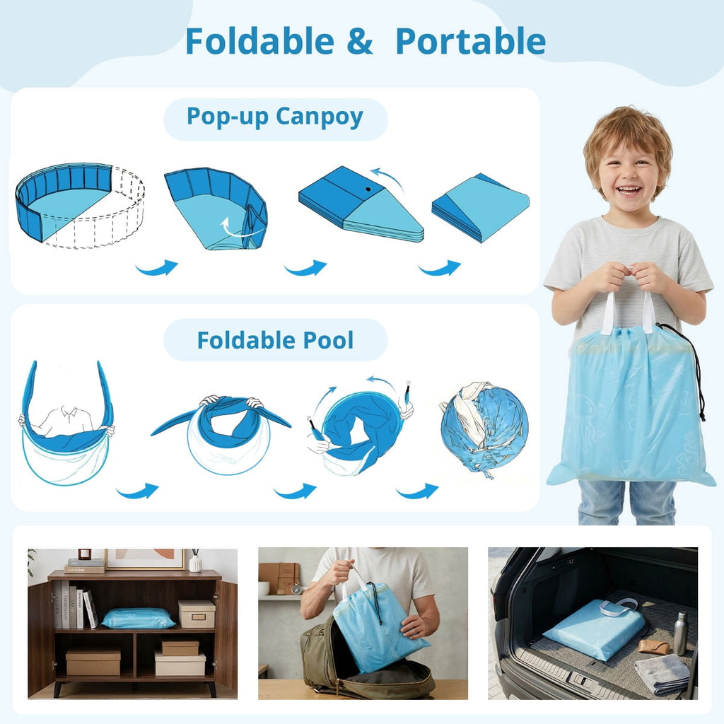 Kids Pool, Caveen Foldable Kiddie Pools for Toddler, Swimming Pool with Canopy for Backyard