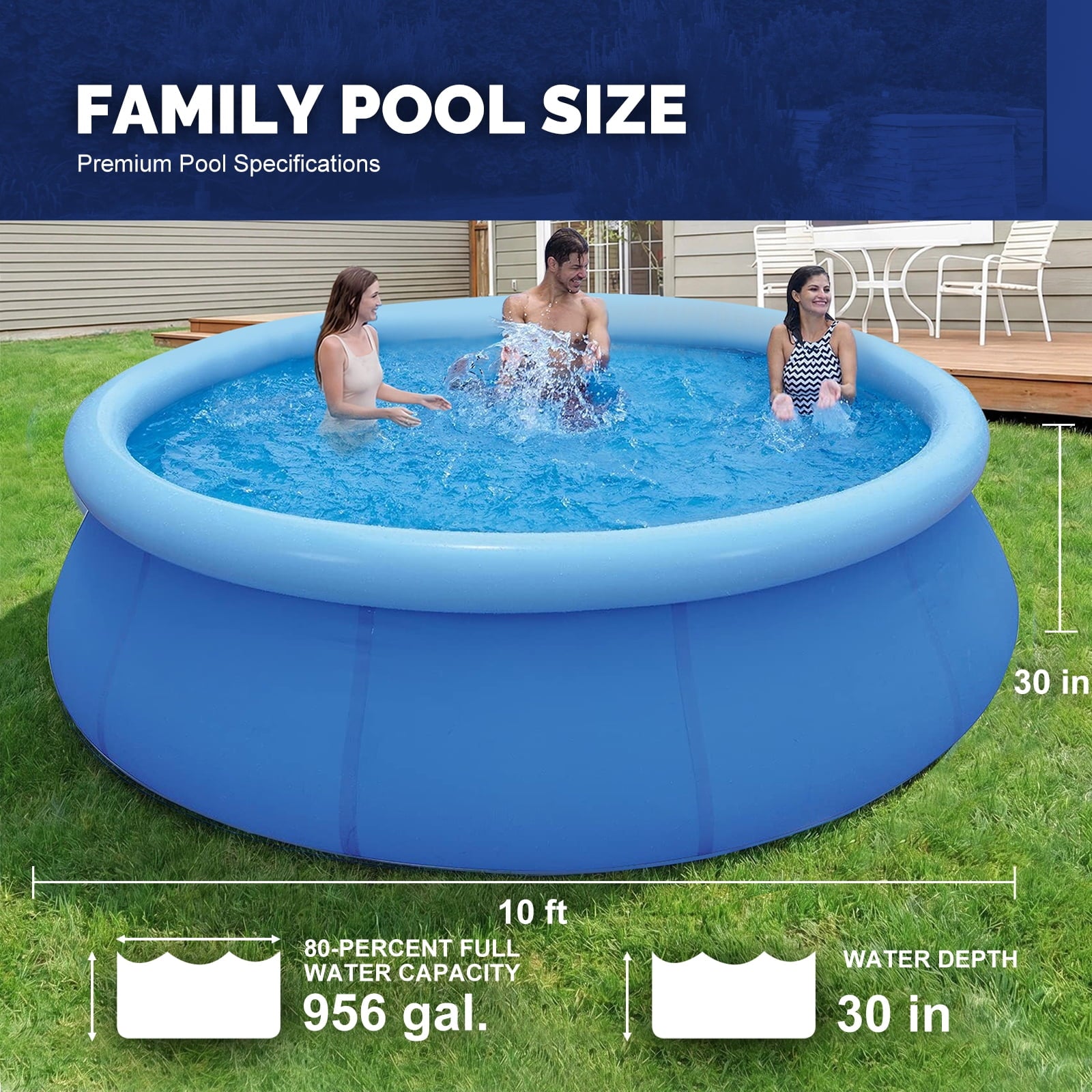 Honeydrill 12 ft x 36 in Above Ground Inflatable Pools, Top Ring Easy-Set Round Pool, Blue