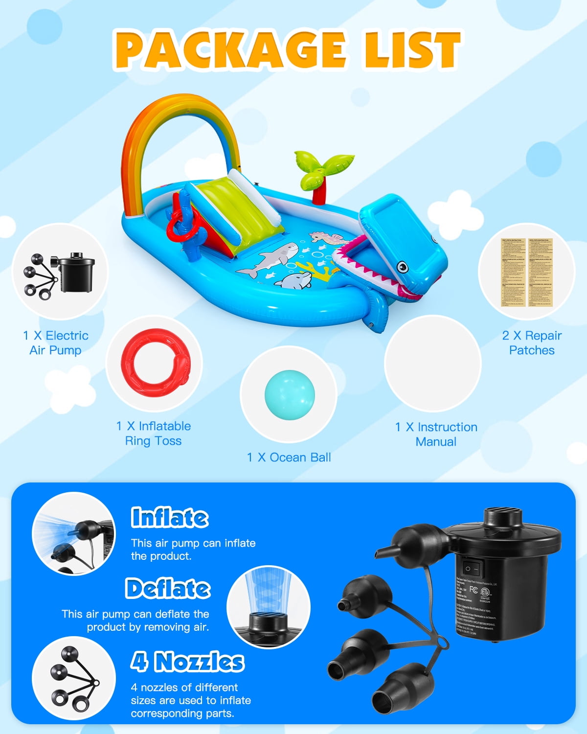 Qhomic 6-in-1 Inflatable Play Center with Pool, Indoor/Outdoor Water Park Pool with Water Slide, Shark-Shaped Ball Toss, Water Sprinklers, Ring Toss Game, and Powerful Pump, Dry & Wet Use