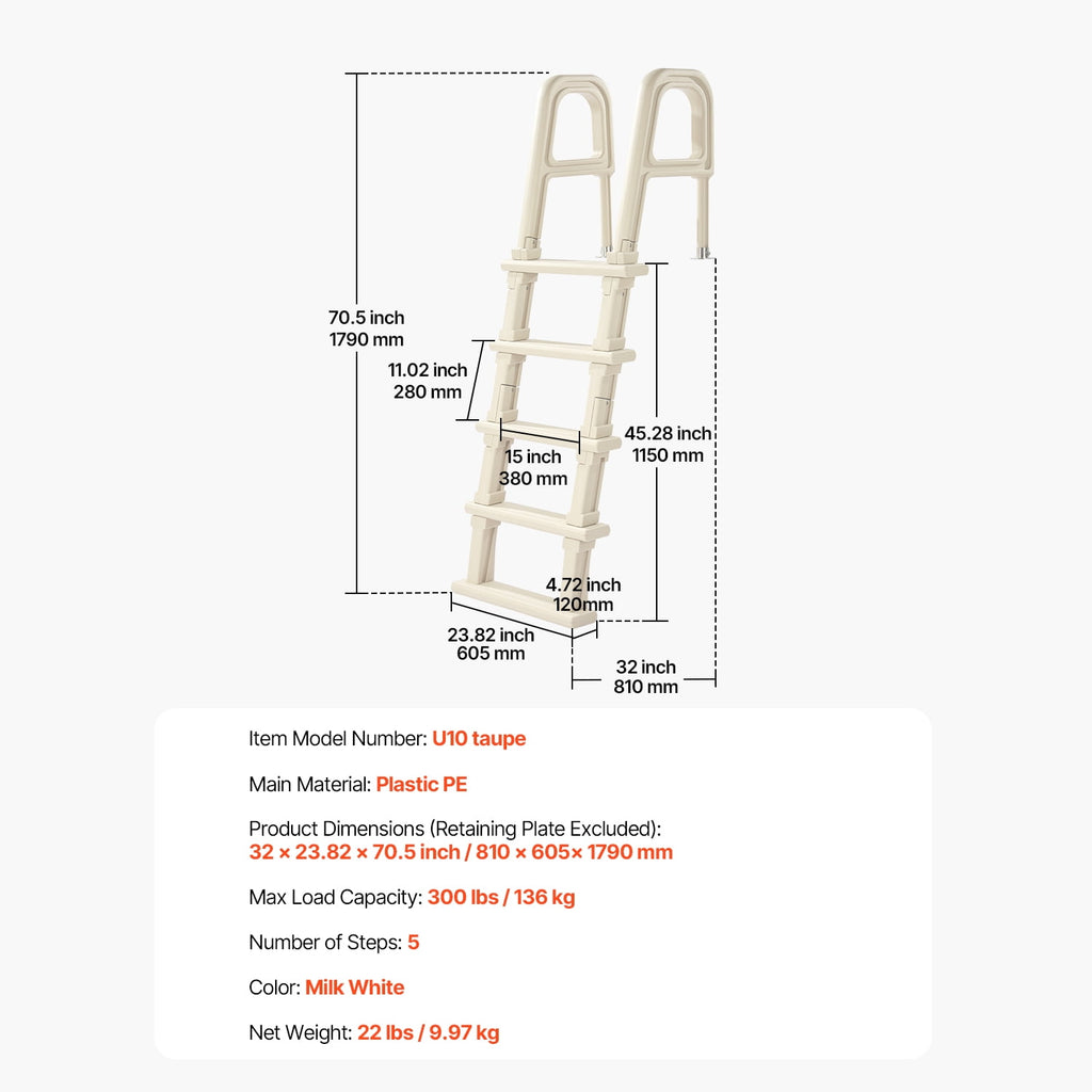 KFFKFF Pool Access Ladder, Angled at 75°, Dual Handrails with 5 Steps, Anti-slip and Robust, Supports up to 300 lbs, Suitable for 48-54 Inch Inground and Above-ground Pools