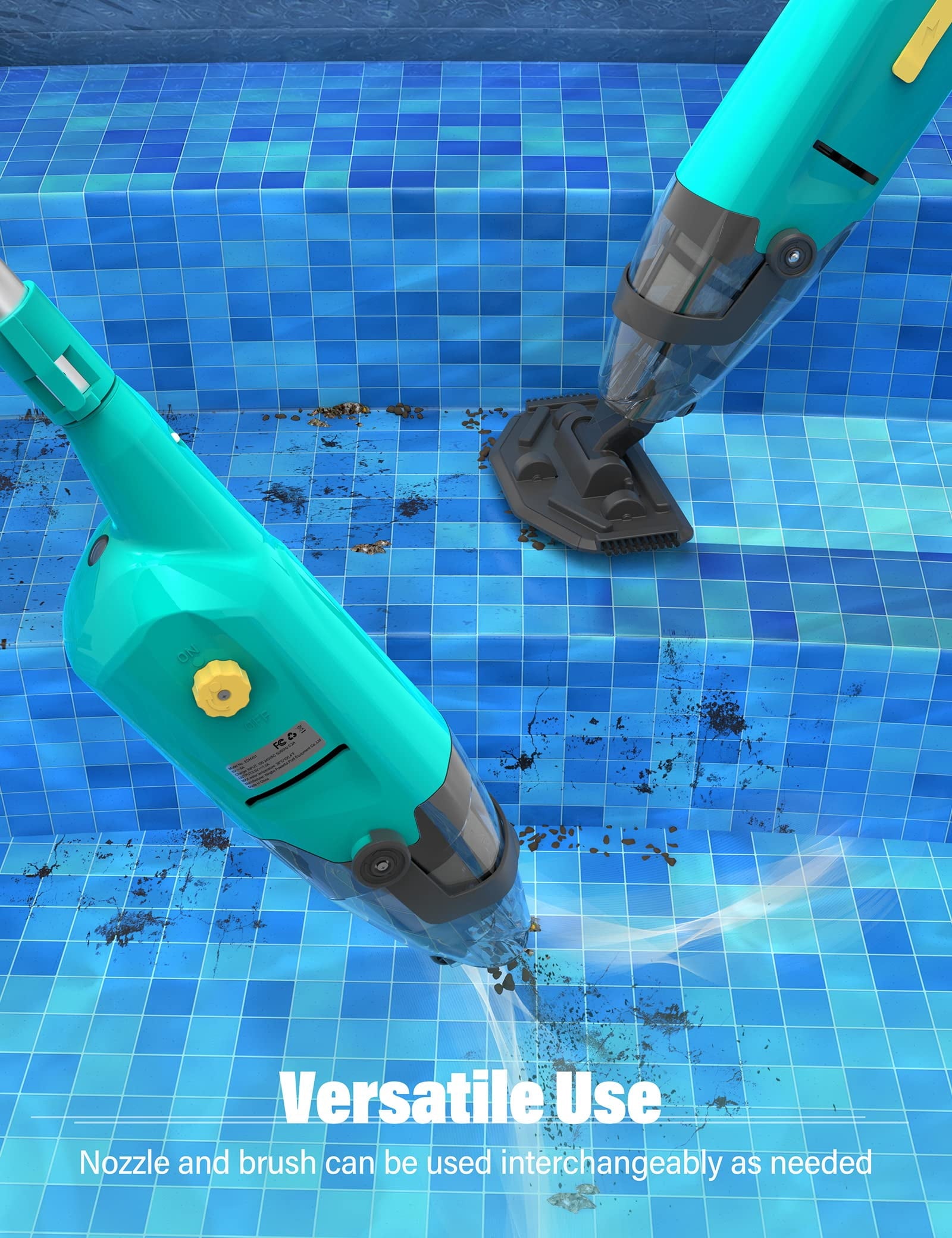 Efurden Cordless Pool Vacuum, Handheld Pool Vacuum with Running Time up to 60-Minutes for Above Ground Pools, Spas and Hot Tubs, Yellow
