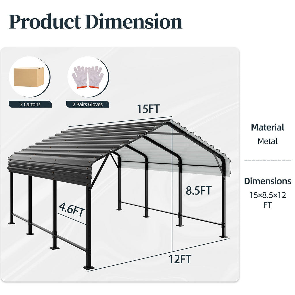 Walsunny 12X20 FT Carport, Outdoor Heavy Duty Carport Canopy with Galvanized Steel Roof, Metal Carport Extra Large Garage Car Storage Shelter, Gray