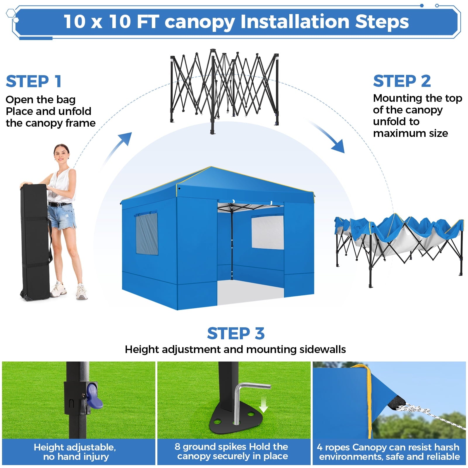 HOTEEL Pop up Canopy Tent 10x10 Commercial Instant Canopy with 4 Sidewalls & Carry Bag,Portable Tent for Parties Beach Camping Party Event Shelter Sun Shade,Dark Blue