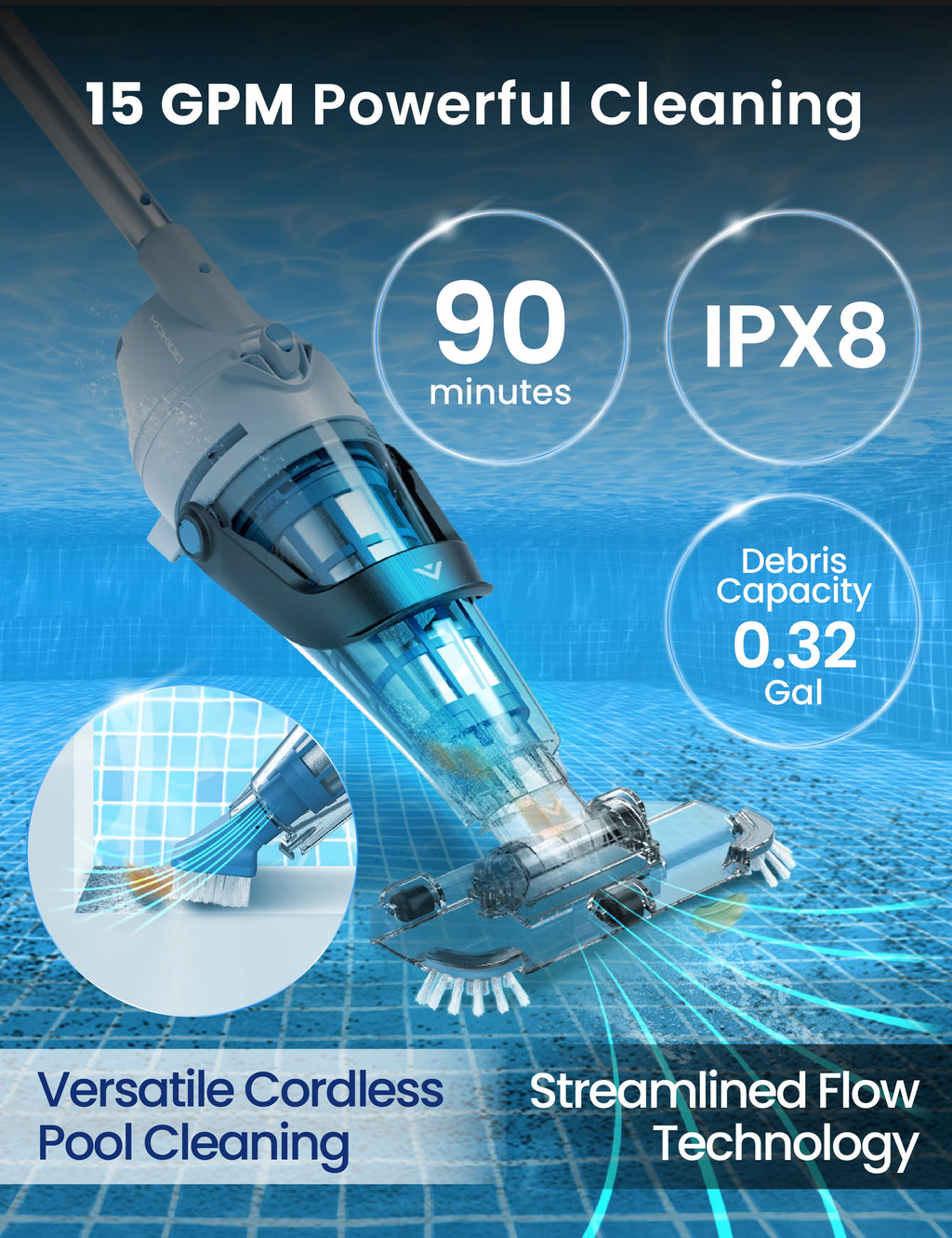 Kokido 2026 XTROVAC 510 Rechargeable Handheld Pool Vacuum, Cordless, Optimized Suction, 90 Mins, for In-Ground and Above Ground Pools