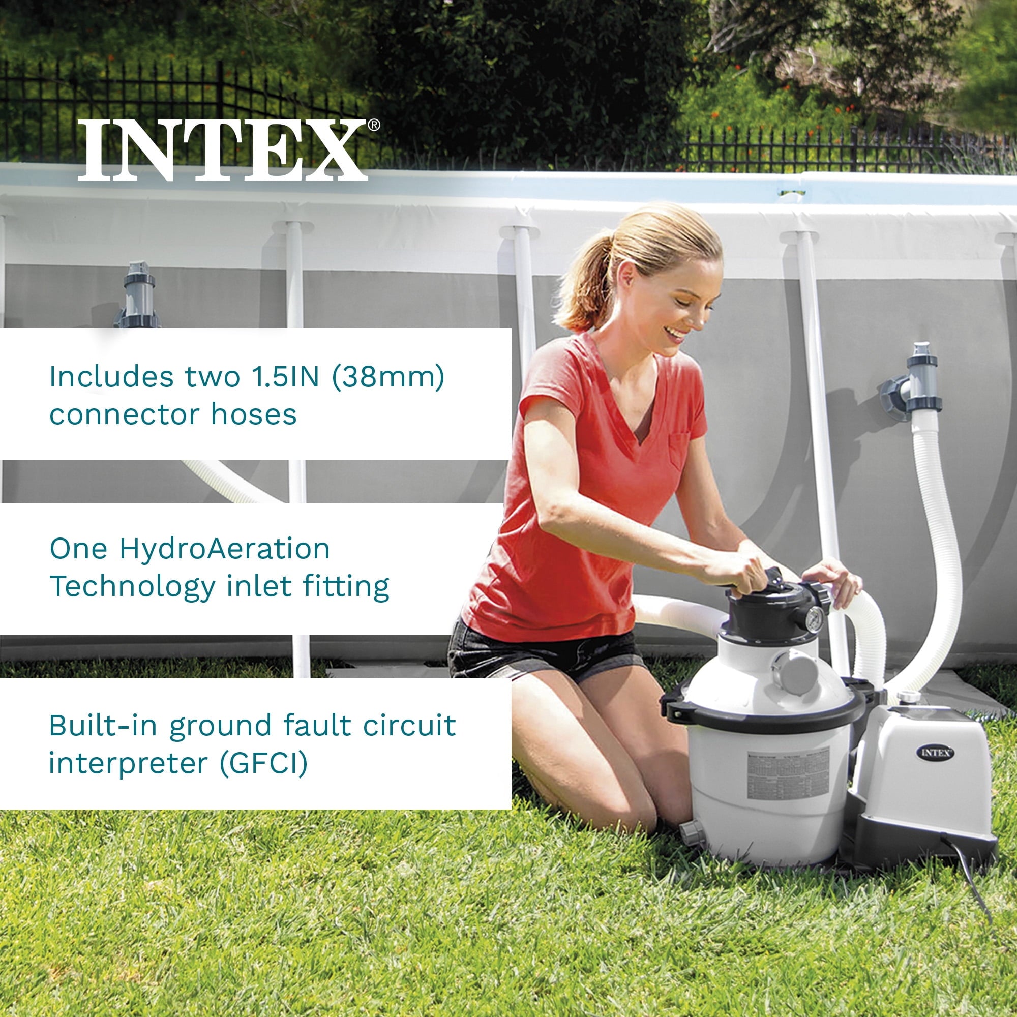 Intex10 inch Krystal Clear Sand Filter Pool Pump, 1500 Gph Motor 1200 GPH System Flow Rate with GFCI, 110-120 V